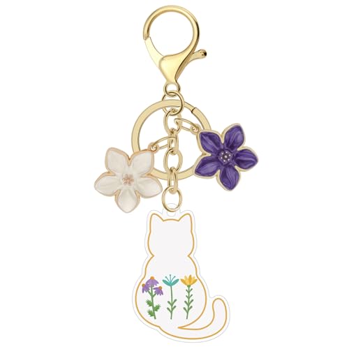 Elegant Floral Cat Keychain for Women Cute Acrylic Cat Shape