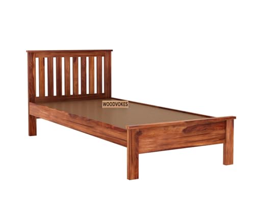Image of Solid Sheesham Wood Single Bed with Headboard & Footboard | Sturdy Wooden Cot for Bedroom, Hostel & PG | Modern Design Single Wooden Bed Frame (Mattress Not Included) (Honey-1)