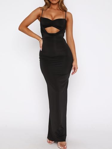 Image of NUFIWI Women Sexy Cutout Long Dress Spaghetti Strap Ruched Bodycon Maxi Dress Backless Hollow Cocktail Dresses