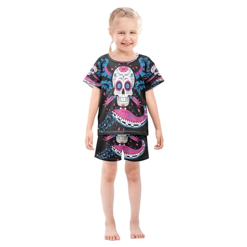 Pajama Sets Short Sleeve Sugar Skull Vibrant Pattern Soft Cotton Summer Sleepwear 2 Piece PJS Size 5-14T4