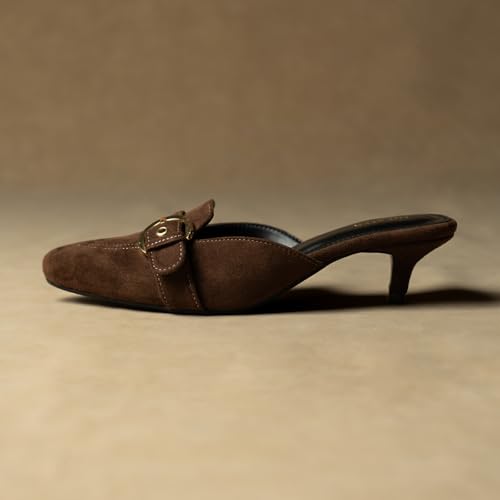 Image of Theater Women Pointed-Toe Mule Heels | Slip-On Kitten Heels with Gold Buckle | Elegant & Comfortable Sandals for Work, Office & Smart Casual Wear