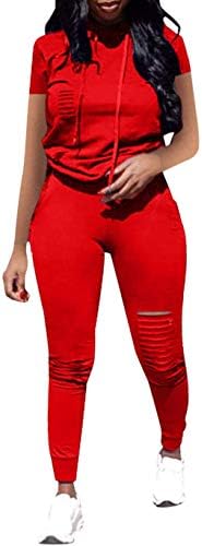 Women Casual 2 Piece Sport Outfits Short Sleeve Ripped Hole, Red, Size X-Large