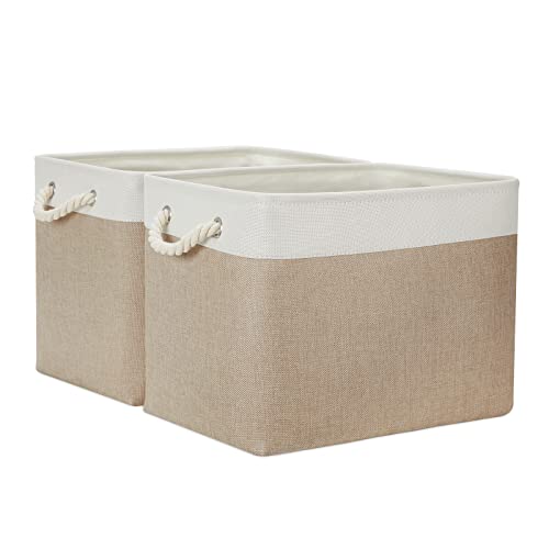Image of Temary Fabric Storage Baskets 2 Pack Decorative Storage Bins Basket for Gifts Empty Shelf Baskets with Handles for Organizing Home Closet, Towels (White&Khaki,16Lx12Wx12H Inches)
