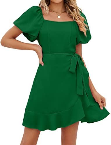 Image of Sampeel Womens Summer Dresses Square Neck Puff Sleeve Tie Waist Short Dress