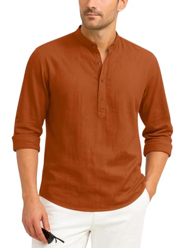 Image of Zombom Men's Cotton Blend Kurta Shirt with Full Sleeves Mandarin Collar Neck Solid Pattern for Men Regular Fit Ethnic Wear Casual Festive Top Modern Style | Cotton Shirt for Mens