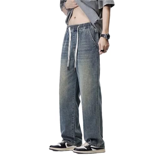 Men's Summer Baggy Lightweight Cotton Wide Leg Straight Denim Pants Loose Fit Blue Jean Trousers