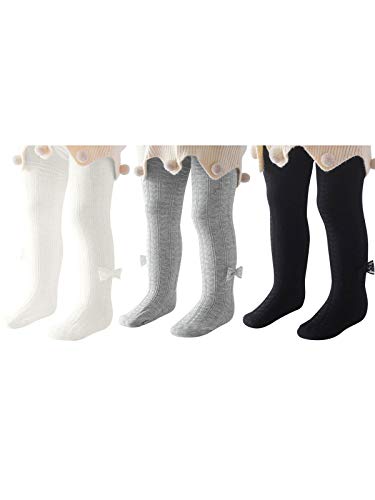 Century Star Baby Girls Tights Toddler Cable Knit Leggings Infant Knit Seamless Newborn Pants Stockings with Lovely Bowknot 3 Pack Black White Grey 0-6 Months
