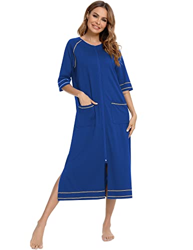 Image of Veseacky Women Robe Zipper Front House Coat 3 /4 Sleeve Nightgown Full Length Ladies Lounge Dress with Pockets S-XXL