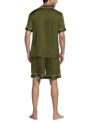 Image of Ekouaer Mens Satin Pajamas Set Button-Down Short Sleeve Shirt Top Soft Silk Sleepwear Shorts with Pockets