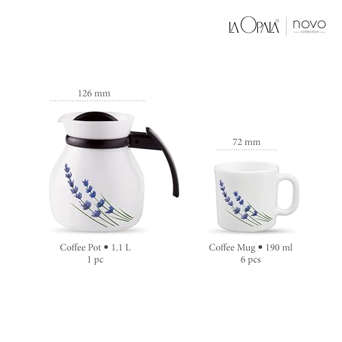 Image of La Opala Novo Collection Opal Glass Crockery | Coffee Set 7 pcs | Coffee Mug with Coffee Pot, English Lavender | for Tea & Coffee | Microwave Safe | 100% Vegetarian | Extra Strong | Light & White