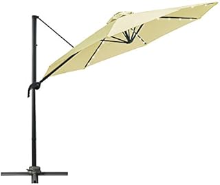 Outsunny 3(m) Cantilever Roma Parasol Patio Sun Umbrella with Crank & Tilt LED Solar Light Cross Base 360° Rotating Outdoor, Beige