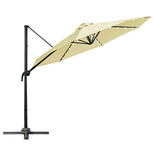 Outsunny 3(m) Cantilever Roma Parasol Patio Sun Umbrella with Crank & Tilt LED Solar Light Cross Base 360° Rotating Outdoor, Beige