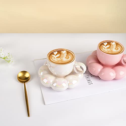 Koythin Ceramic Coffee Mug with Saucer Set, Creative Cute Cup with Sunflower Coaster for Office and Home, 6.5 oz/200 ml for Tea Latte Milk (Pearl White) - Image 6