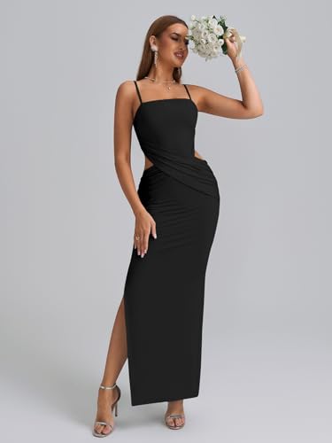 EYNMIN Spaghetti Strap Long Formal Dress Cut Out Ruched Bodycon Split Elegant Wedding Guest Maxi Dresses for Women2