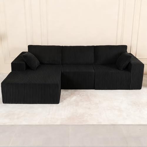 Image of L Shaped Modular Boneless Sectional Couches for Living Room, Wide Armrest, Deep Seat, Memory Foam, Assembly Free, Modern Comfy Corduroy Fluffy Cloud Sofa with Left Chaise, Black
