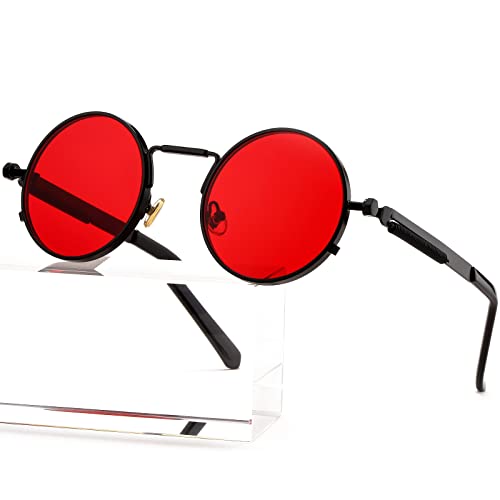 AIEYEZO Round Steampunk Sunglasses Trendy Retro Circle Glasses Gothic Metal Frame 100% UV Blocking Lens (Black/Ocean Red)