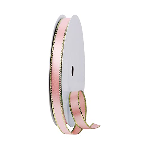 Pink Satin Ribbon with Gold Border Double Faced Thin Curling Fabric Ribbons Roll for Gift Wrapping, Wreath, Crafts, 3 8 Inch 25 Yards