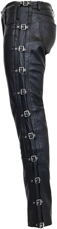 Genuine Leather Pants for Men Black Bikers Pants 100% Real Lambskin Leather with Side Buckles4