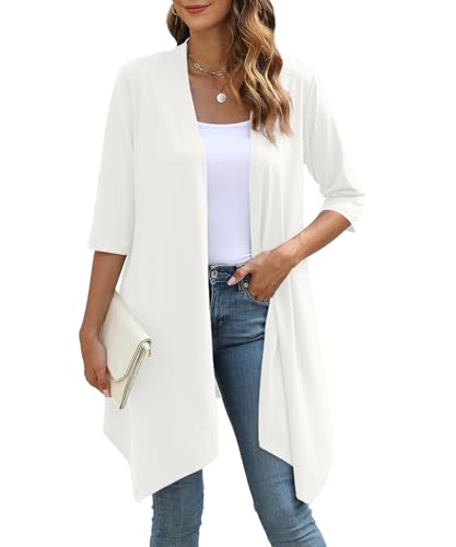 Women's Open Front Cardigan Lightweight Soft Knit 3/4 Sleeve High-Low Draped Hem Loose Casual Duster(White, XX-Large)