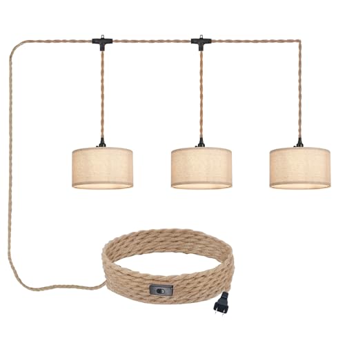 Image of 3 Light Plug in Pendant Lights Fabric Hanging Lamp Kit with Switch 22 Ft Long Hemp Rope Farmhouse Pndant Light Cord Lighting Fixture DIY Hanging Light