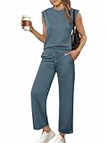 Glamaker Women's 2 Piece Outfits Lounge Matching Summer Vocation Wide Leg Cap Sleeve Sets Casual Comfy Tracksuits(Blue Grey,X-Large)