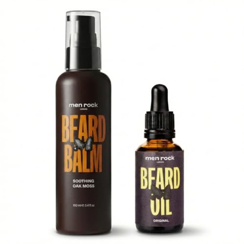 Men Rock Beard Oil and Balm Set for Men – Soothing Oak Moss Beard Balm & Rosemary Beard Oil with Vitamin E, Grapeseed & Cedarwood, Beard Balm and Oil Kit, 100 ml + 30 ml
