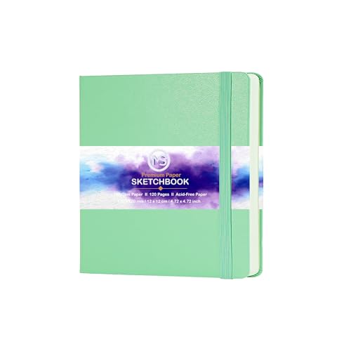 MS MY STATIONERY Sketchbook Acid-Free Paper 160gsm 120 Pages (60 Sheets) Sewn Binding 4.7" X 4.7" Leatherette Hardcover Watercolour Journal for Artists Mixed Media Use (Tiffany Green)