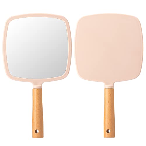 YEAKE Hand Held Mirror with Handle for Makeup,Small Cute Wood Hand Mirror for Shaving with Hole Hanging Single-Sided Portable Travel Vanity Mirror for Men&Women(Square,Pink,1Pack)