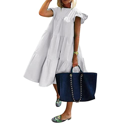 Fwflyaway Summer Dresses For Women 2023,Plus Size Casual Cute Babydoll Maxi Dress,Short Sleeve V-Neck A-Line Tiered Ruffle Pleated Flowy Boho Beach Mini Sundress Resort Wear(E-White,Xl) #TOP20