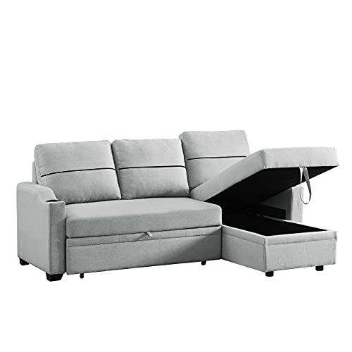 Melpomene Convertible Sectional Sofa Couch Pull Out Bed Sleeper Sofa With Storage 3 Seater L Shaped Couch Linen Upholstered Fabric Corner Sofa With 2 Cupholders For Living Room (Grey) #TOP6