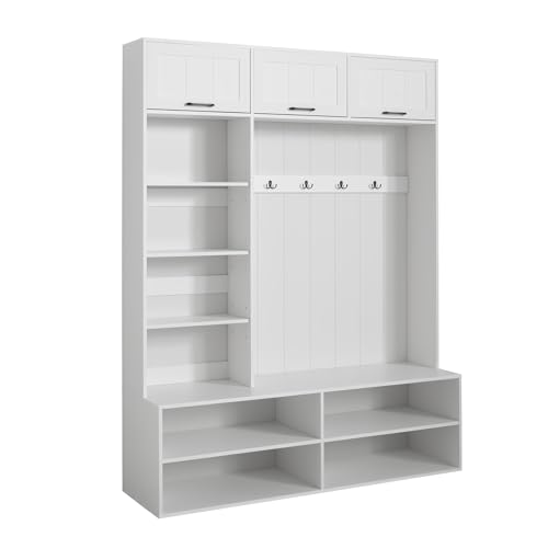 Image of 5-in-1 Hall Tree with Bench, Entryway Storage Organizer Cabinet, White