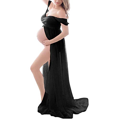 Vestido de maternidad para sesión de fotos sexy con abertura frontal, vestido maxi de tul para boda, fiesta, fotografía, ropa de mujer embarazada, Negro -, CH-3XL