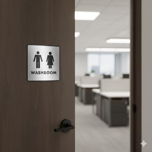Image of Premium Brush Steel Silver Finish Acrylic Washroom Square Shape Door Sign Easy to Mount Self-Adhesive Tape Signage for Hotel Office Resort Society Corporate Business Hospital