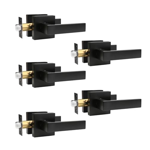 Brotima 5 Pack Passage Door Lever, Matte Black Interior Door Handles for Hallway & Closet Heavy Duty Non-Locking Lever Sets Keyless Door Handle Lockset for Right & Left Side Door