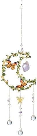Hanging Crystal Suncatchers with Butterflies, Hanging Garden Suncatchers, Crescent Moon Sun Catchers, Bohemian Crystal Ornament for Decoration