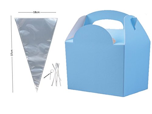MustBeBonkers x10 Birthday Party Food Plate Boxes With Clear Sweet Cone Bags And Tie (Light Blue)