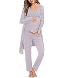 Picture of SWOMOG Women Maternity Nursing Pajamas Sets 3 Piece Breastfeeding Robe 3 in 1 Labor Delivery Sleeveless Pregnancy Pjs & Pants Lilac Purple