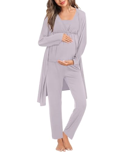 Image of SWOMOG Maternity Nursing Robe Set 3 Piece Breastfeeding Pajamas 3 in 1 Labor Delivery Sleevless Tops&Long Pants Pregnancy Pjs