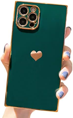 Tzomsze Compatible with iPhone 13 Pro Max Case Square, Cute Luxury Full Camera Lens Protection & Reinforced Corners Shockproof Electroplate Edge Bumper TPU Silicone Case [6.7 inches] -Candy Dark Green