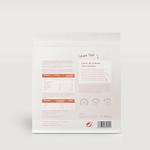 Glow25® Collagen Plus Pulver [450g] - Kollagen Hydrolysat mit Vitamin C, Zink und Biotin - Peptide Typ 1 und 3 - Gute Löslichkeit - Neutral