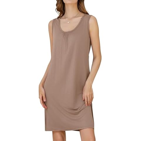 Aprsfn Cotton Nightgowns for Women Sleeveless Sleepwear Wide Strap Sleep Shirt Pleated Scoop Neck Nightshirt-Khaki-L Cover