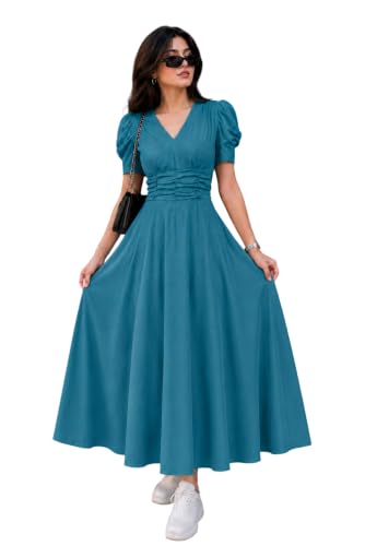 Image of Preneum Girl's & Women's Solid Color V-Neck A-Line Maxi Dress for Women | New Year Party Outfit | Waist Cinched Puff Sleeve Western | Elegant Casual Wear (Availble in Plus Size)