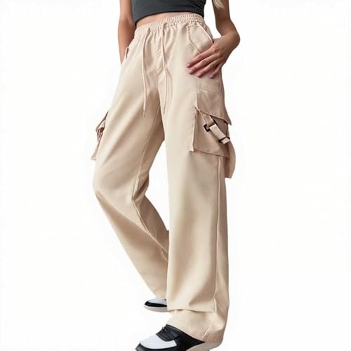 Ladies Cargo Combat Trouser High Waist Casual Relaxed Stretch Fit Cargo Combat Jogging Bottoms Lightweight Fashion Pants with Drawstring Pockets Hiking Walking Pants (Beige, M)