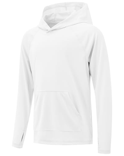Poekuao Boys UPF 50+ Sun Protection Rash Guard Hoodie Swim Shirt Kids Long Sleeve Fishing Shirts Lightweight Rashguard with Pocket White M