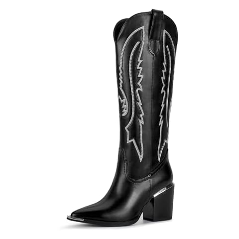 ISNOM Black Cowboy Boots for Women with Pointed Metal Toe, Cowgirl Boots Women Knee High with Block Chunky Heel Long Western Boots for Women Cover