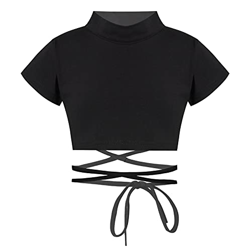inlzdz Crop Top de Deportiva para Niñas Camiseta de Manga Corta con Tirantes Cruzados Ropa de Baile Callejero Hip-hop 4-14 Años Negro 10