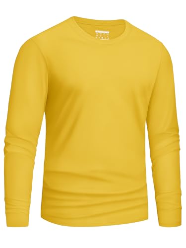 Cavva Mens Long Sleeve Tops Yellow Cotton Plain T Shirt Crew Neck Regular Fit Tee Shirts Spring Breathable T-Shirts M