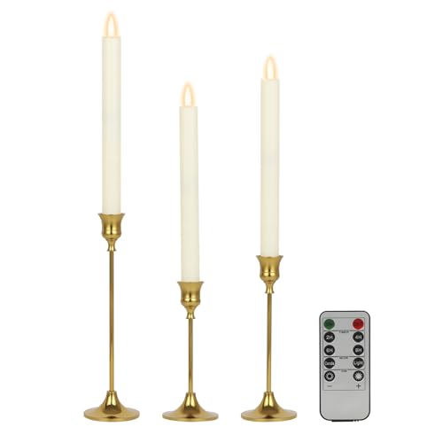 Gold Candlestick Holder Set - Brass Candlestick Holders with 3 Flameless Taper Candles, Gold Candle Stick Holders for Elegant Decor - Gold Taper Candle Holder for Weddings, Parties, and Home