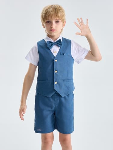 Image of LOLANTA Boys Linen Suit 4 Piece Summer Gentleman Outfit Kids Shorts Set