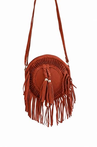 Sac à bandoulière rond en cuir véritable bohème à franges 25cm
